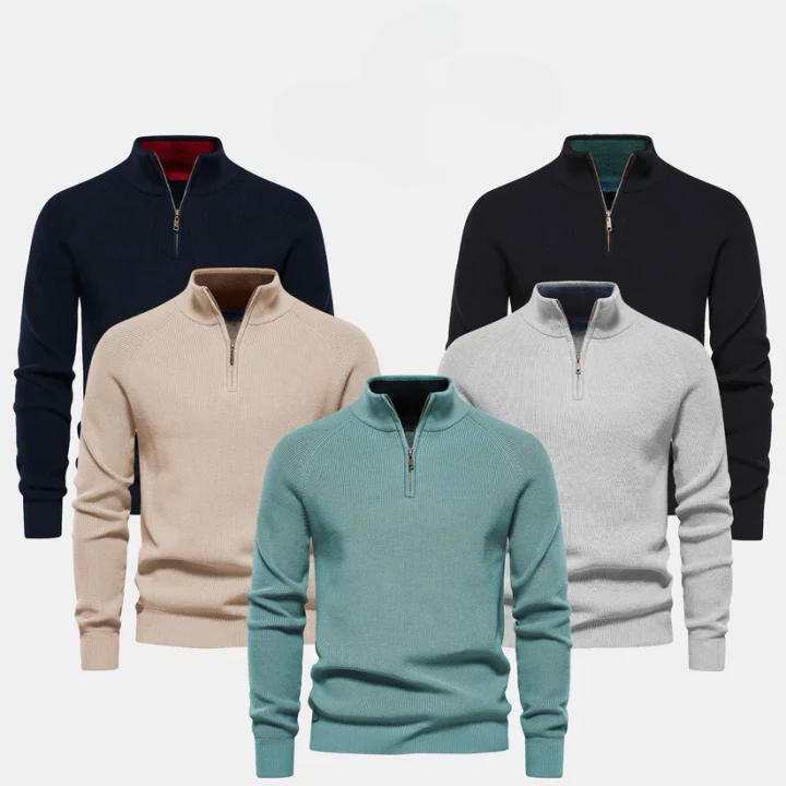 Dikke warm gebreide herentrui with rits en opstaande kraag