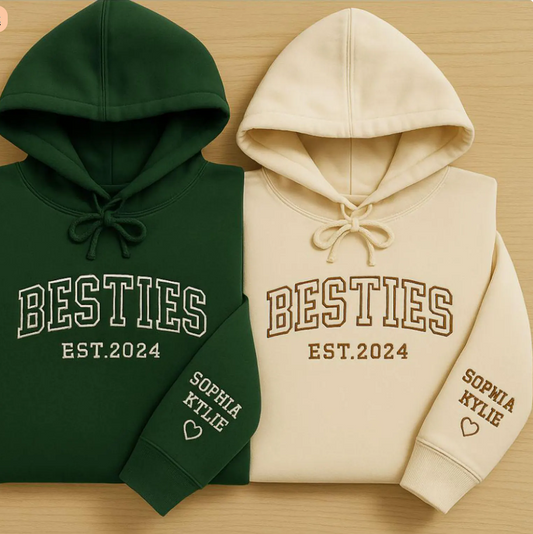 Custom Besties Hoodie with Names on Sleeve and EST Year - Matching Embroidered Hoodie - Personalized Gift for Best Friend, Birthday
